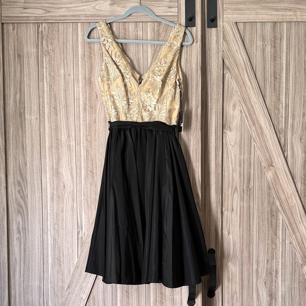 Vera Wang Gold Floral and Black Midi Dress